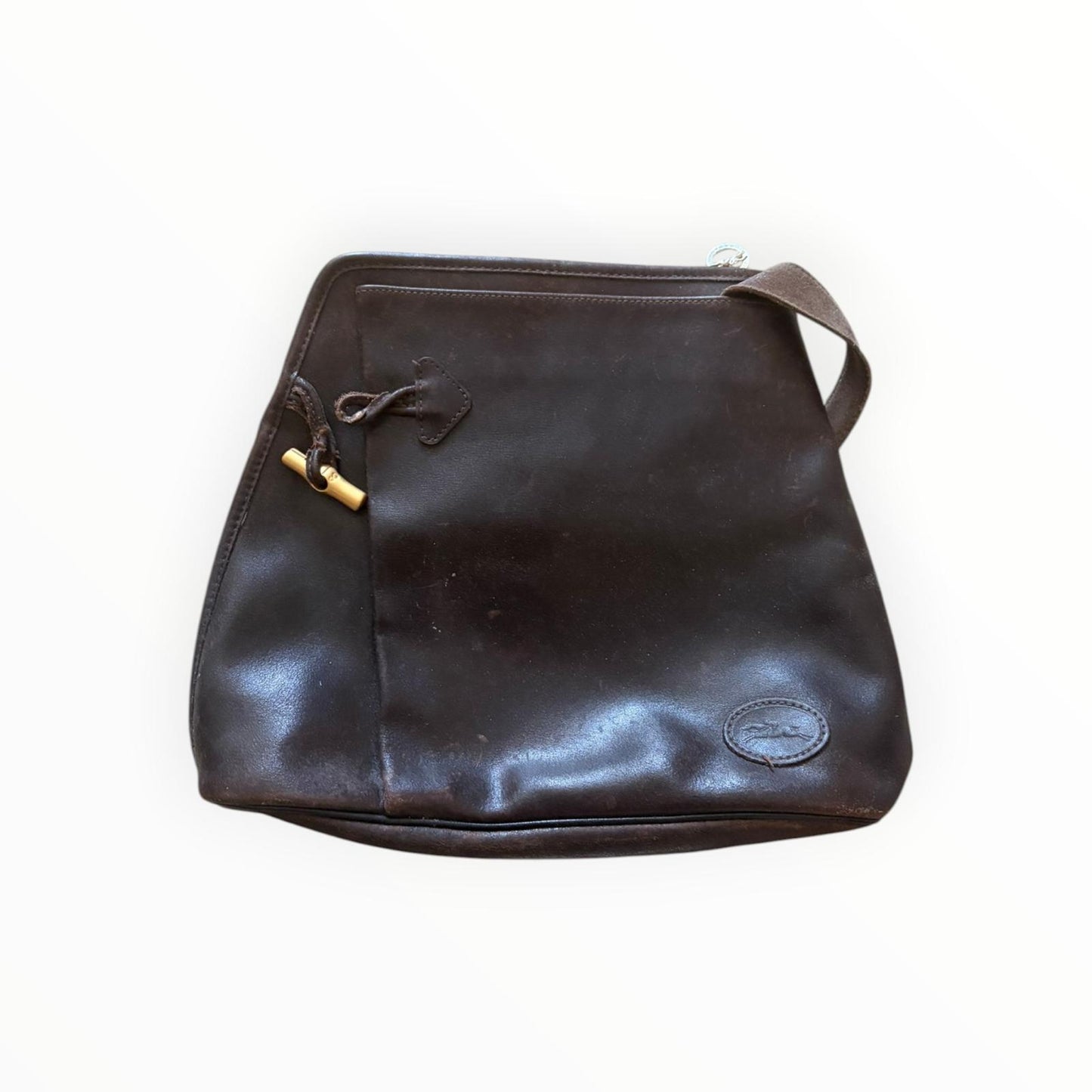 Longchamp Vintage 90er Umhängetasche — Braunes Leder — Goldfarbene Hardware