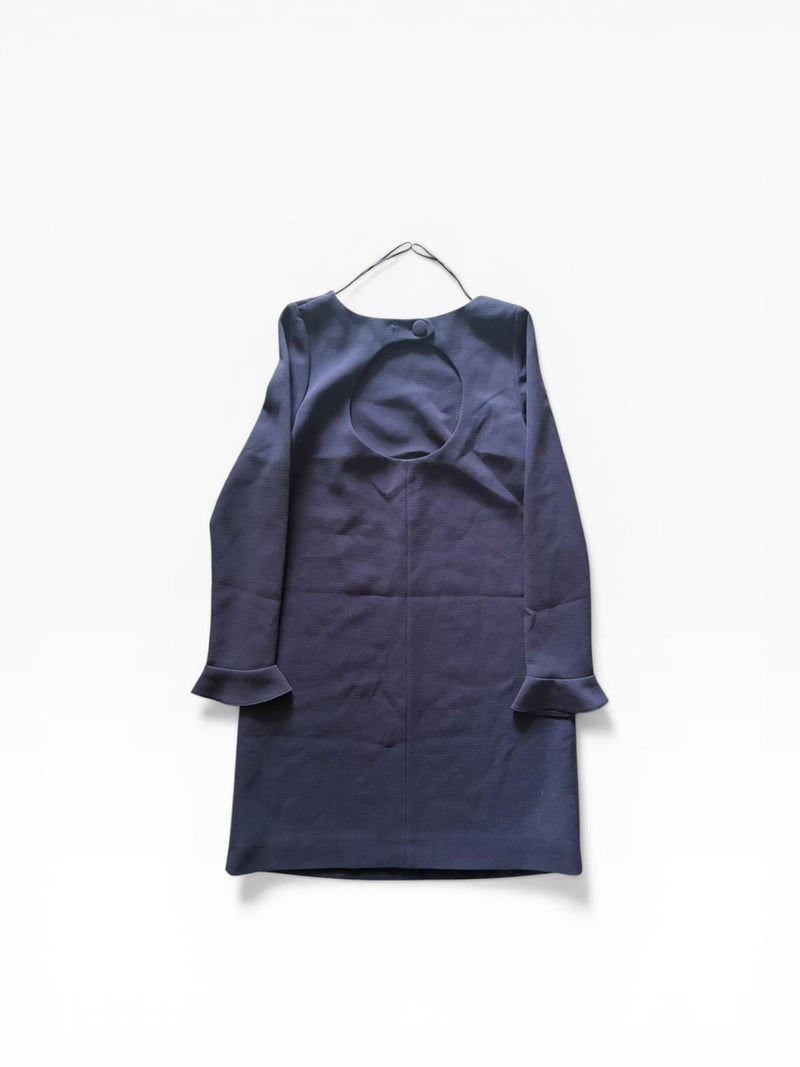 Bash Paris Marine Blue Open-Back Mini Dress — Ruffle Cuffs — Round Cutout Back Detail