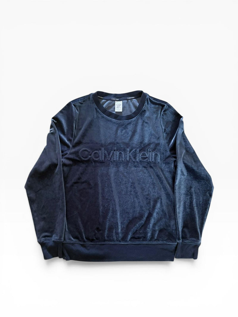 Calvin Klein Sleepwear Navy Velvet Sweatshirt — Tonal Logo — 92% Polyester — Size XS