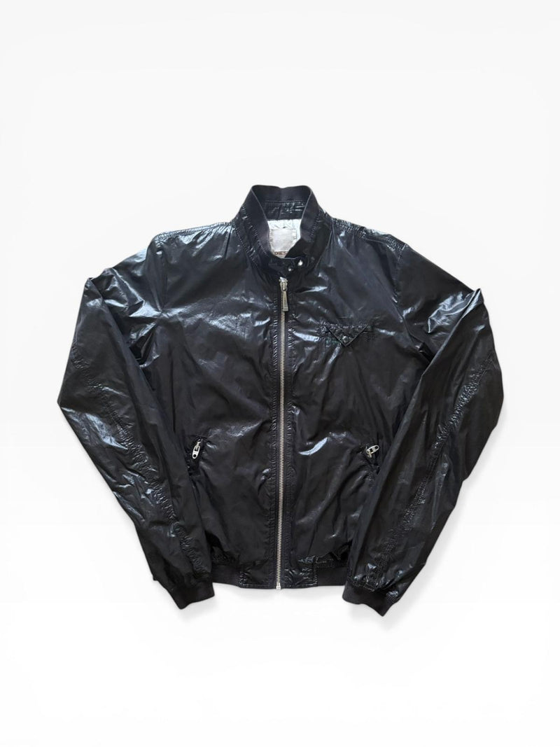 Diesel Vintage Black Coated Bomber Jacket — Graphic Print Lining — Branded Zips — Size M