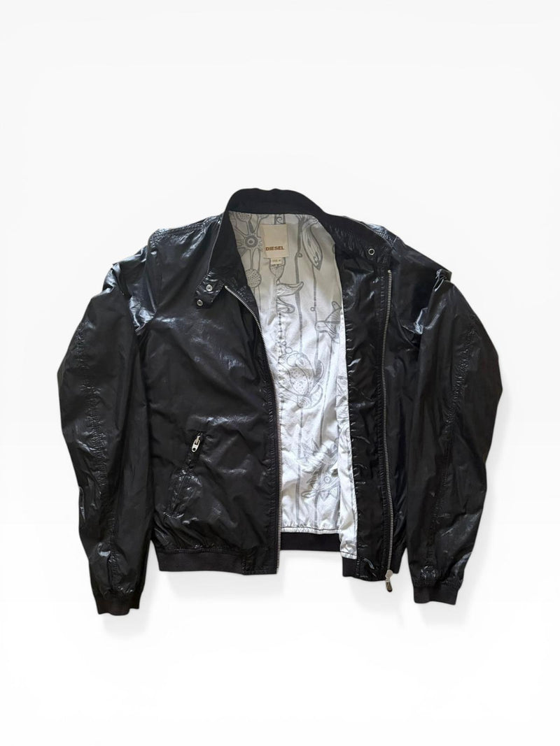 Diesel Vintage Black Coated Bomber Jacket — Graphic Print Lining — Branded Zips — Size M