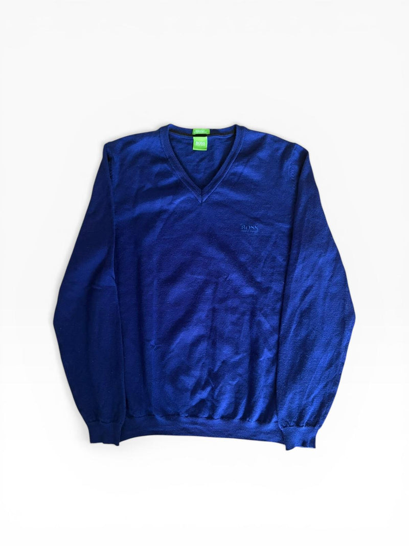 Hugo Boss Green Label Navy Blue Extrafine Merino V-Neck Sweater — Regular Fit — Size M