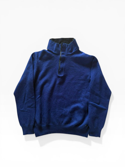 Lagerfeld Vintage Blauer Halbarm-Pullover aus reiner Merinowolle mit Reißverschluss — Woolmark-zertifiziert — Goldknopf-Detail