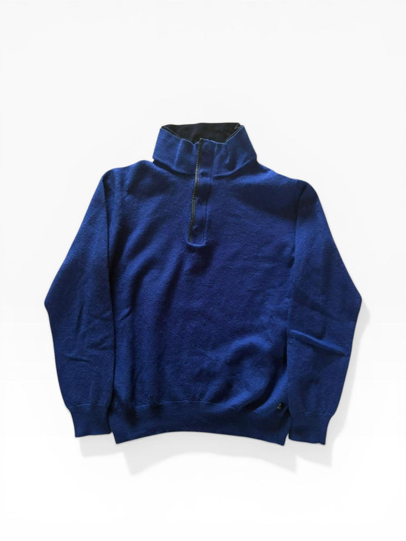 Lagerfeld Vintage Blue Pure Merino Wool Half-Zip Pullover — Woolmark Certified — Gold Button Detail