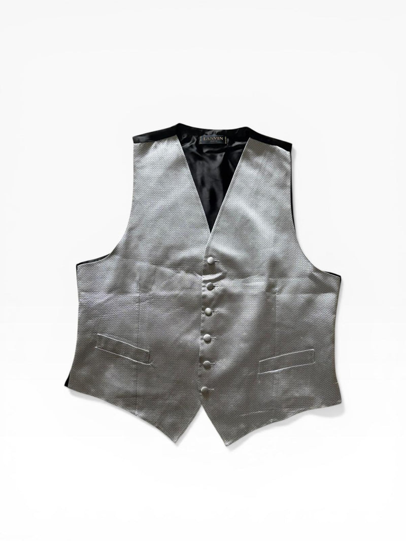 Lanvin Paris Vintage Silver Silk Waistcoat Vest — Jacquard Weave — Made in France — Archive