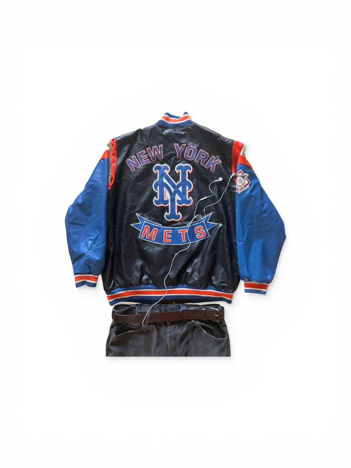 New York Mets Vintage Leather Varsity Jacket Logo Detail — Velours Luxury