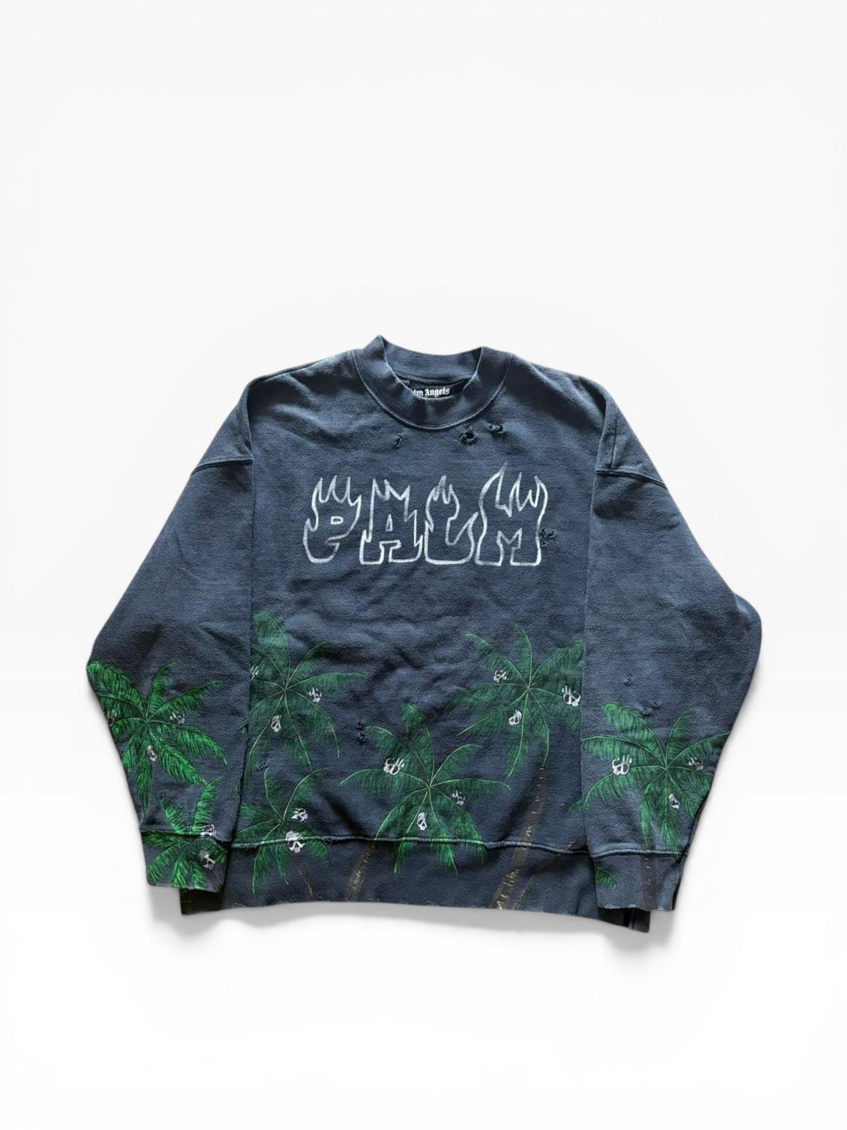 Palm Angels Schwarzes Distressed Baumwoll-Sweatshirt — Flammen-Logo — Palmen- & Totenkopf-Print — Hergestellt in Italien — Größe XL